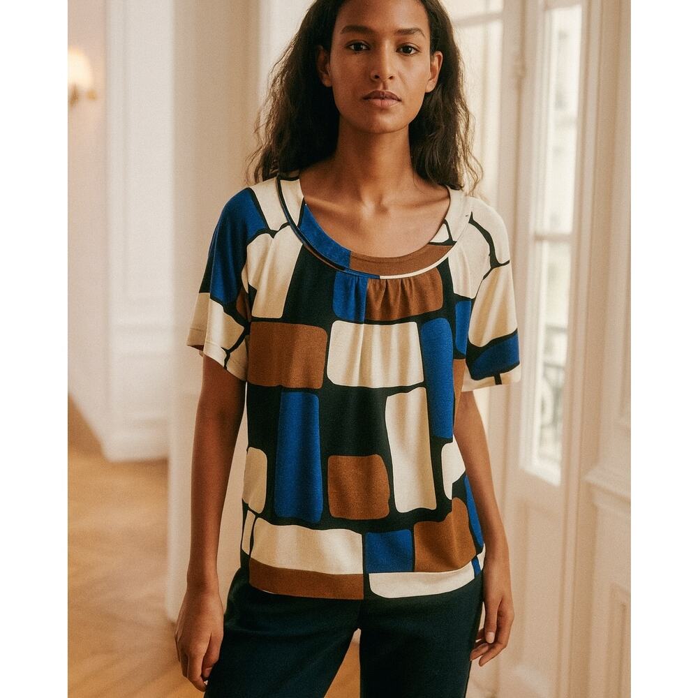 Diane Von Furstenberg Blue Off White Black Blue Color Block Short Sleeve Silk To